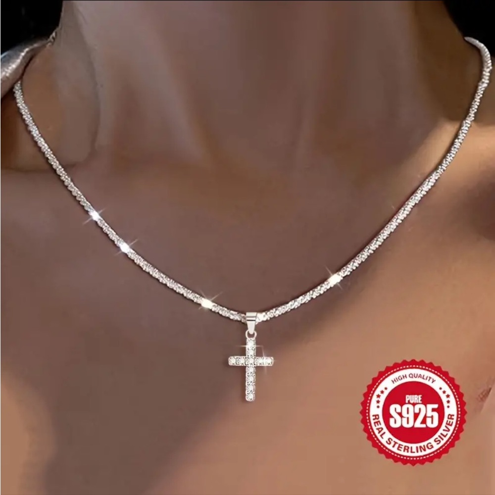 🩶 925 Sterling Silver Women's Chain Necklace With Cross Pendant